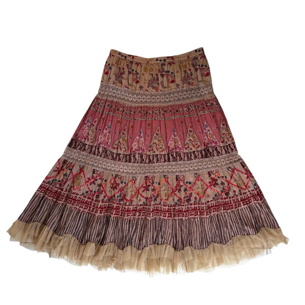 Phool Womens Tiered Boho Maxi Skirt XL Floral Lace Tulle Ruffle Peasant Cottage